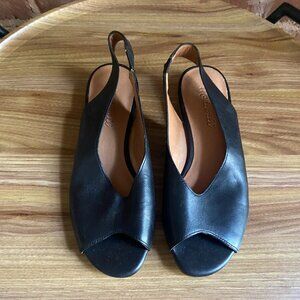 Madewell sling back mules, black leather flats, peep toe, size 6.5, new